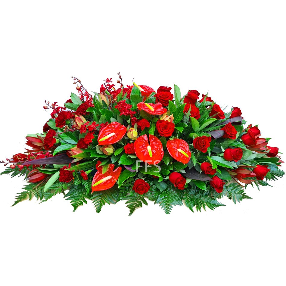 Casket of Roses, Anthiriums & Orchids in Red The Funeral Flower Shop