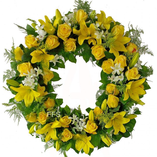Yellow Roses & Lilies Wreath